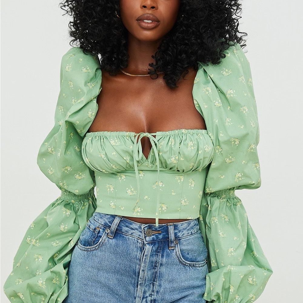 House of CB Mint Green Floral Puff Sleeve Crop Top